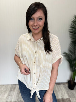 Khaki Striped Linen Style Tie Front Top by Easel