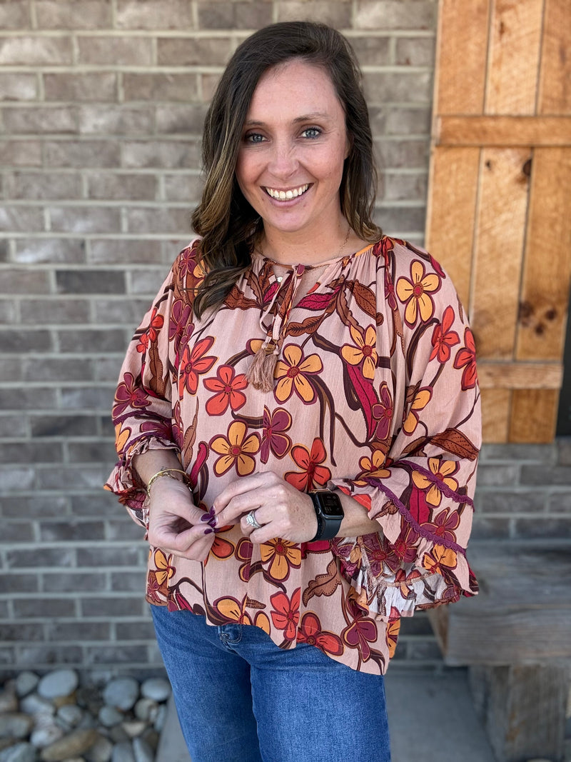 Khaki Floral Printed Rayon Gauze Top by Easel