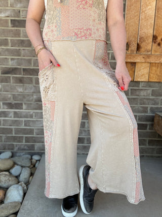 Khaki Patchwork Washed Terry Wide Leg Jumpsuit by Easel
