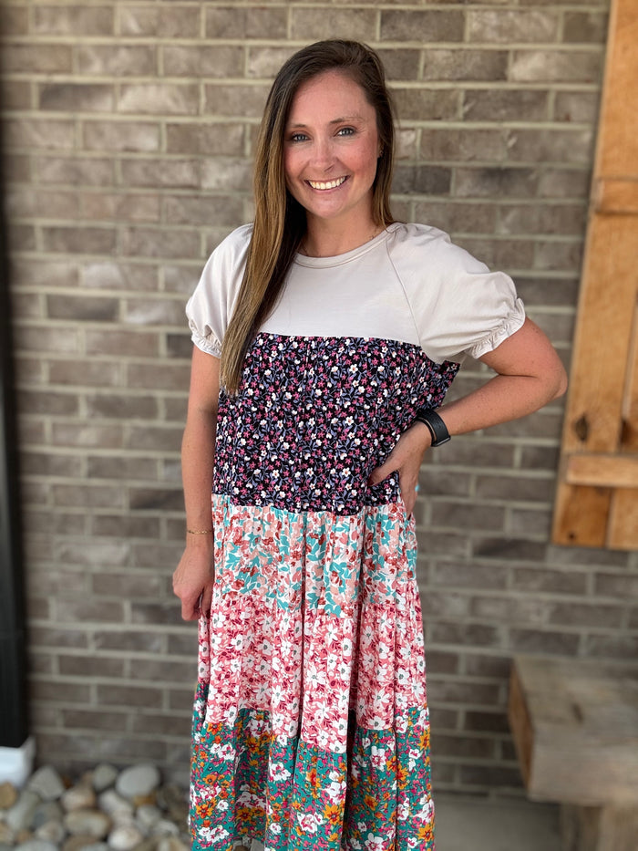 Khaki Print Mix Tiered Midi Dress by Easel