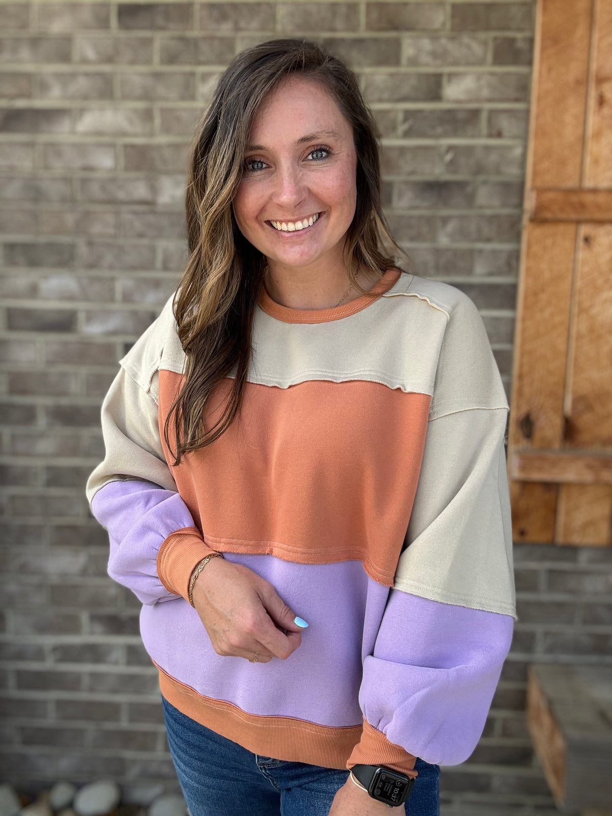 Khaki and Lavender Color Block Fleece Pullover by Easel