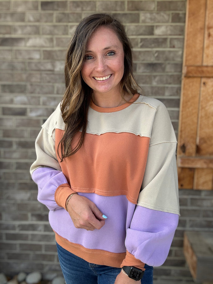 Khaki and Lavender Color Block Fleece Pullover by Easel