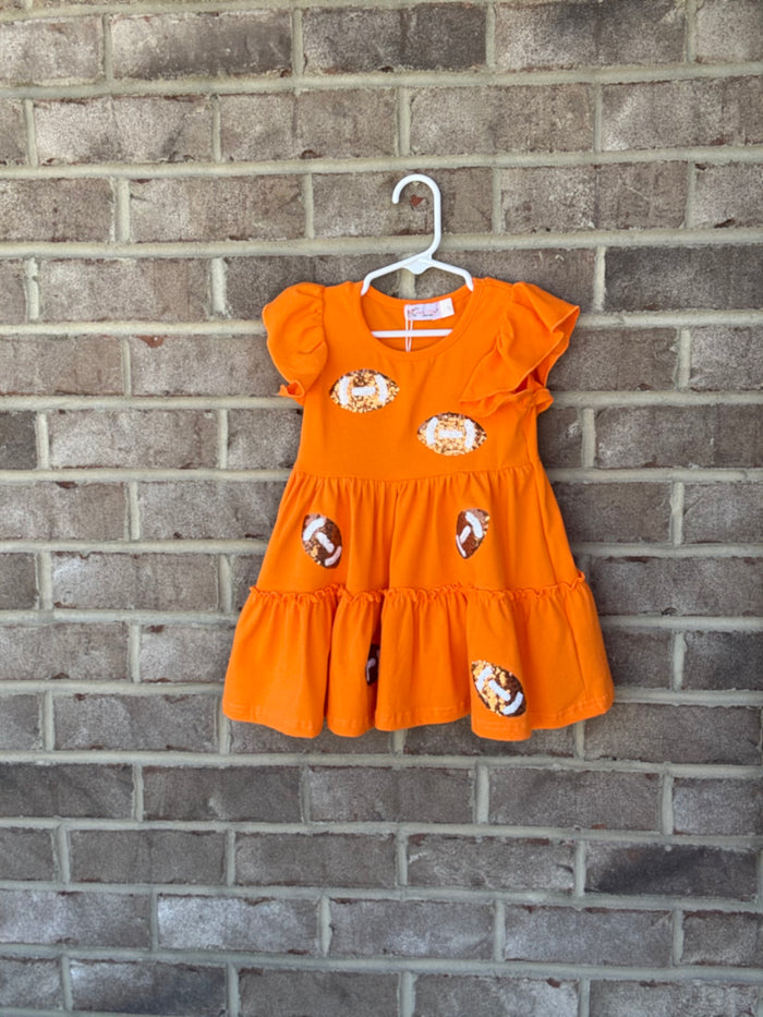 Kids- Orange Football Sequence Dress w/ Ruffle Sleeves *TN COLLECTION*