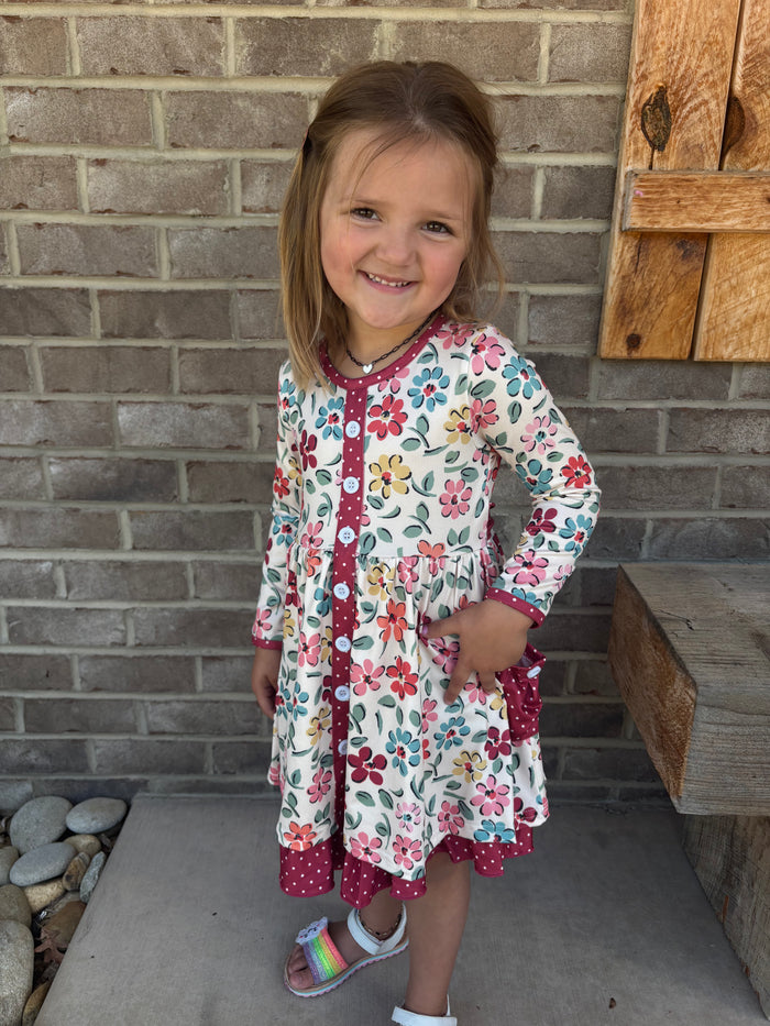 Kids Cream & Burgundy Floral Ruffle Button Pocket Fall Dress *KIDS*