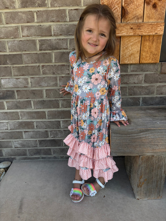 Kids Peach Vintage Floral Long Sleeve Fall 3 Ruffle Dress *KIDS*