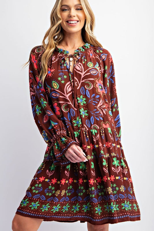 8368- Long Sleeve Floral Printed Dress by Easel