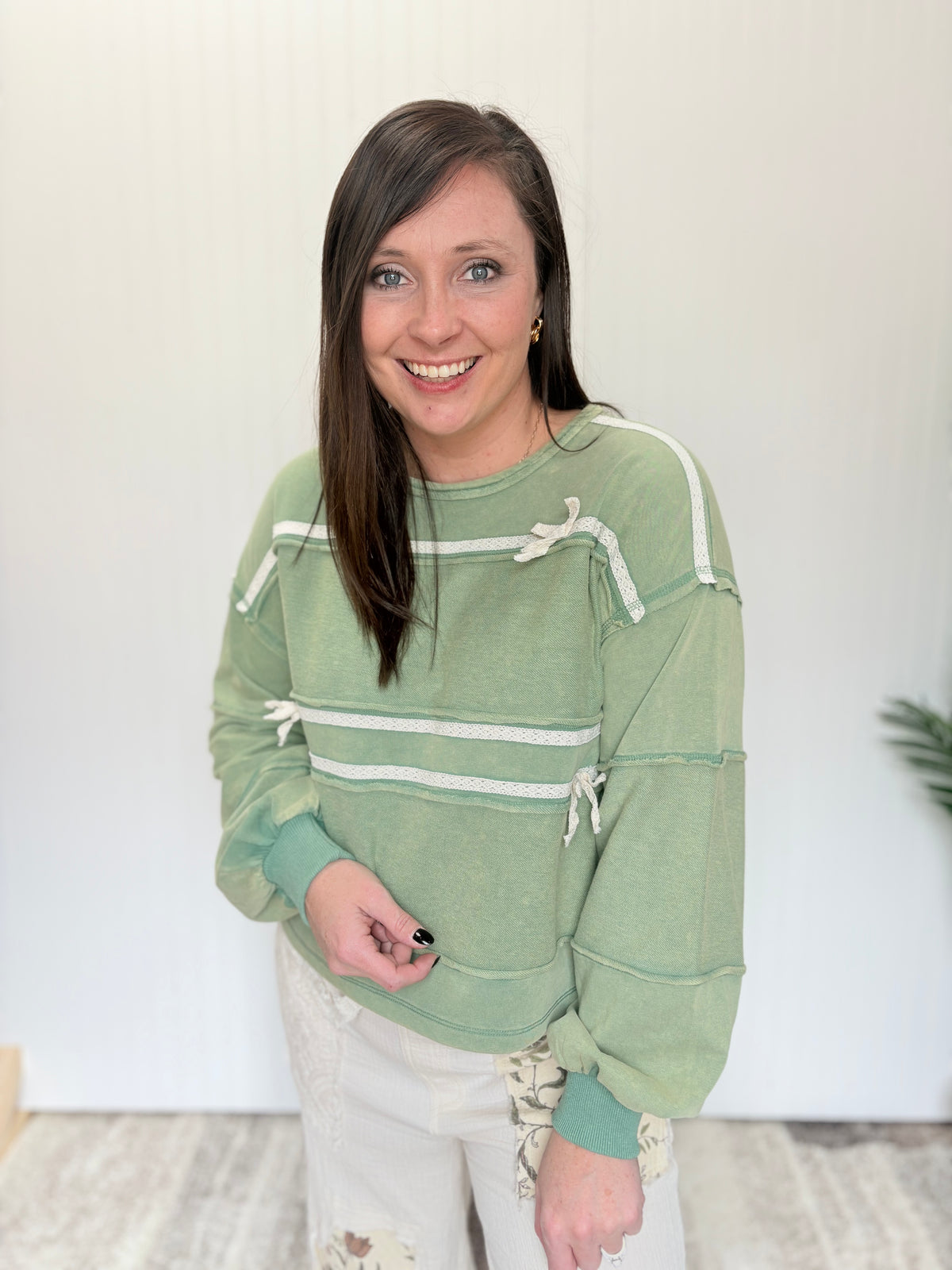 Lace Bow Mineral Wash Long Sleeve Sweatshirt by Mittoshop