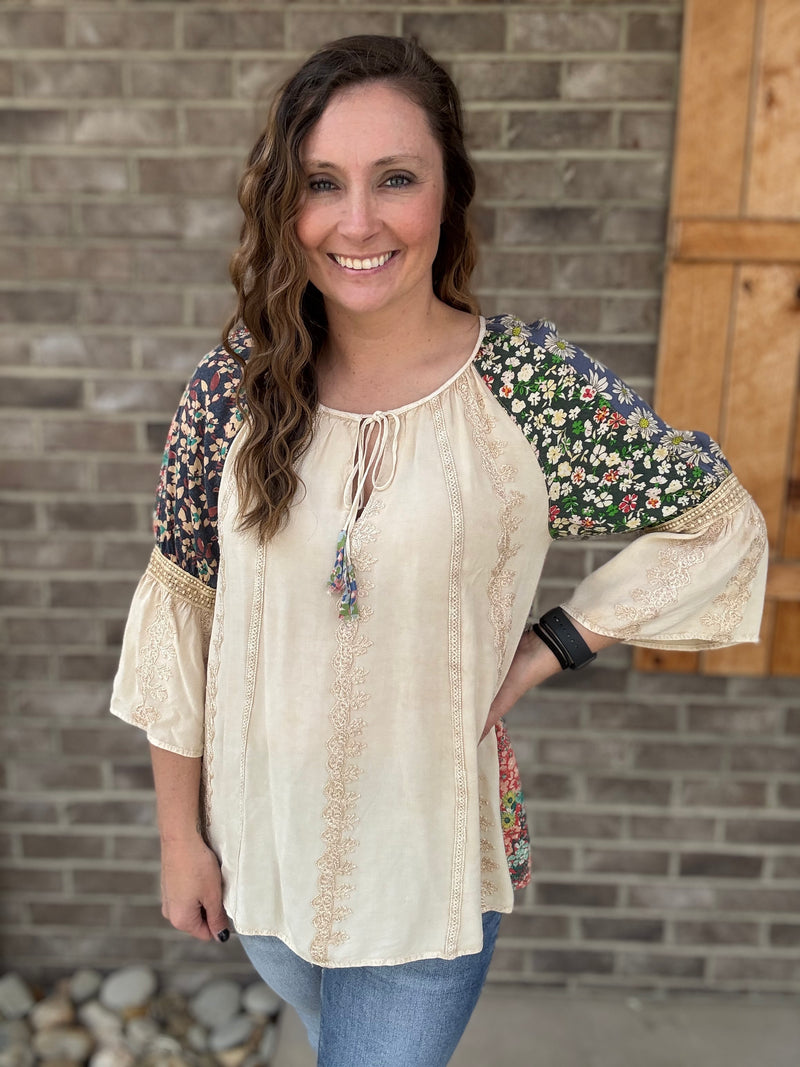 Latte Enchanting Whimsy Overdyed Rayon Peasant Top with Embroidery by Young Threads