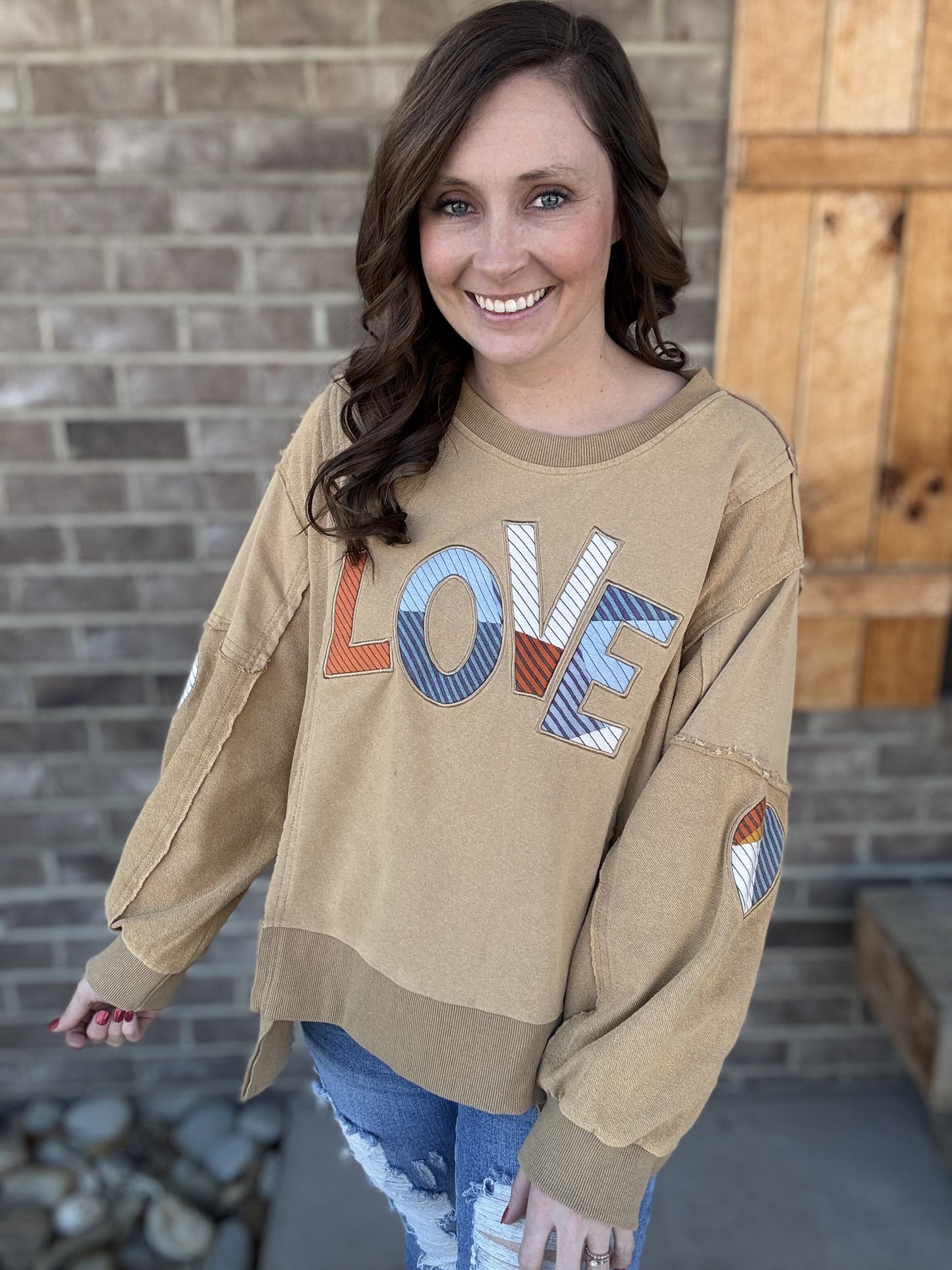 8374- Latte French Terry Long Sleeve Mineral Wash LOVE Shirt w/ Side Slits by POL