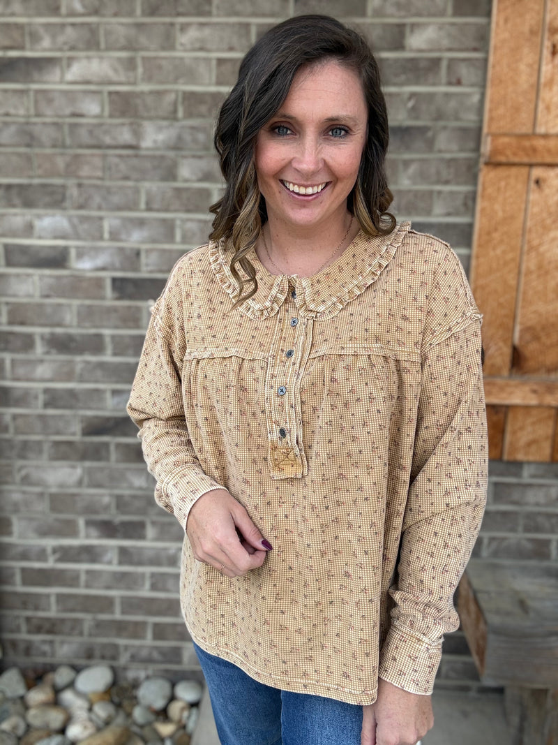 Latte Floral Printed Thermal Washed Top by Easel