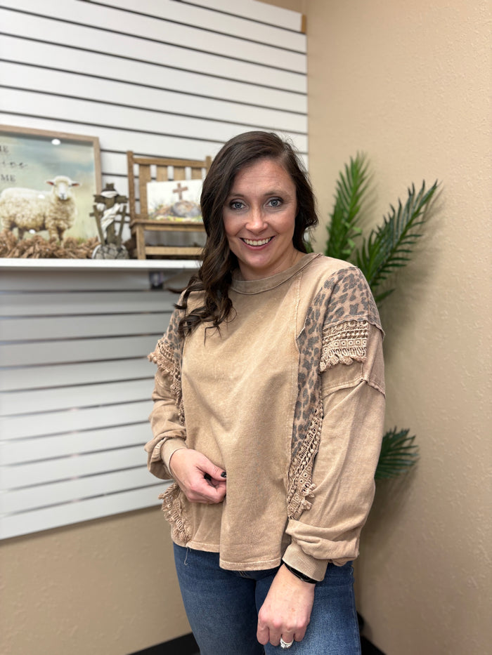 Latte Mineral Washed Cheetah Leopard Fringe Tassel Long Sleeve Top by J. Her