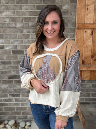 Latte Peace Patchwork Oversized Top w/ Waffle Detail by POL