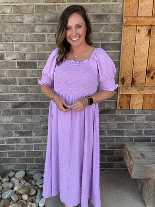 Lavender  Swiss Dot Smocked Frilled Neckline Plus Size Dress