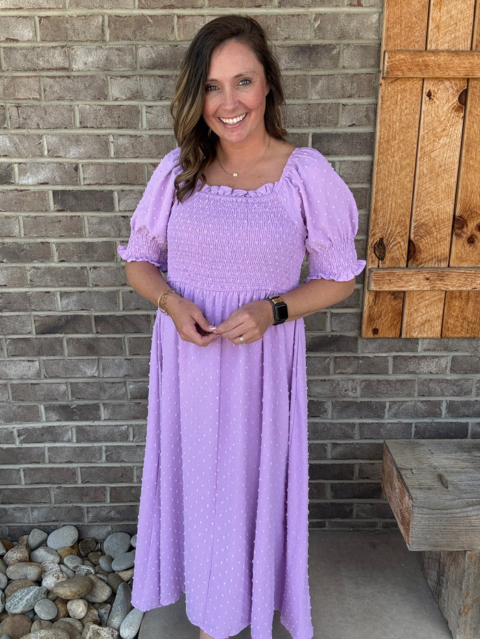 Lavender  Swiss Dot Smocked Frilled Neckline Plus Size Dress