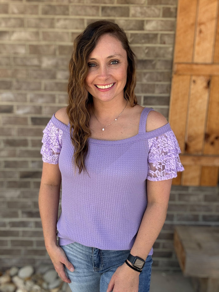 Lavender Waffle Knit w/ Lace Shoulder Strap Short Sleeve Top