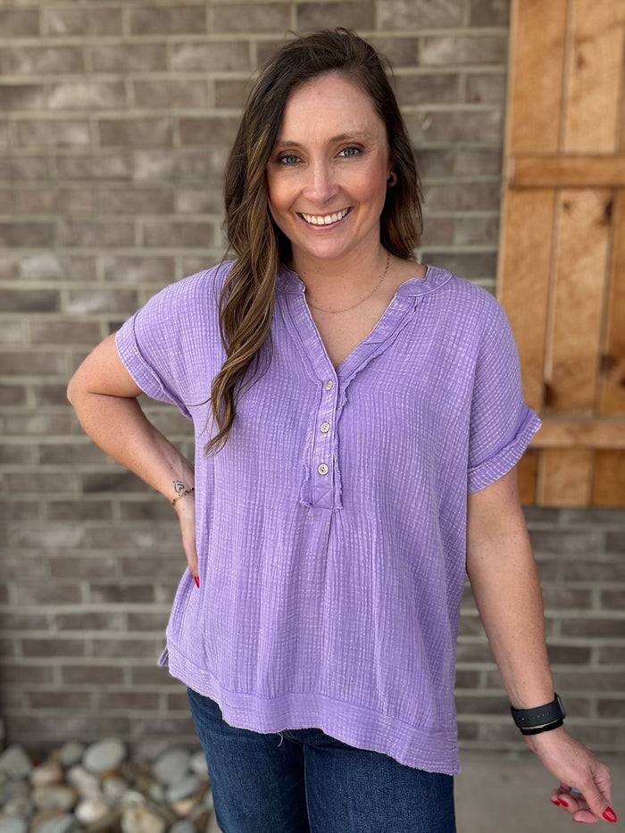 Lavender Washed Gauze 3/4 Henley Button Down Short Sleeve Top