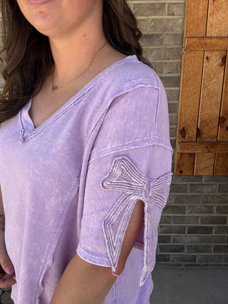 Light Lavender Short Sleeve Bow Trim Top by J. Her