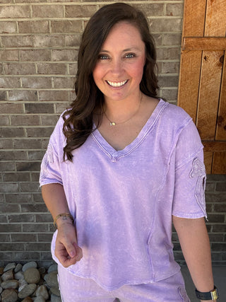 Light Lavender Short Sleeve Bow Trim Top by J. Her