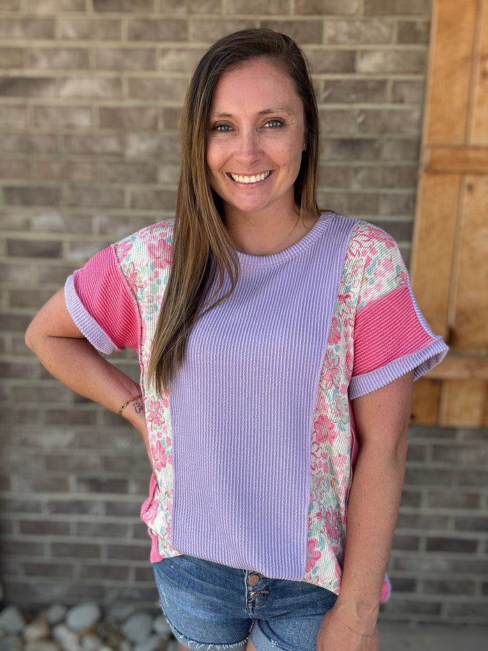 Lavender Short Sleeve Ribbed Solid Top w/ Floral Print Detail