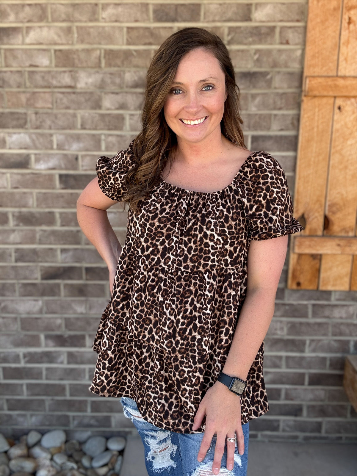 Leopard Print Balloon Sleeve Short Sleeve Top by Heimish