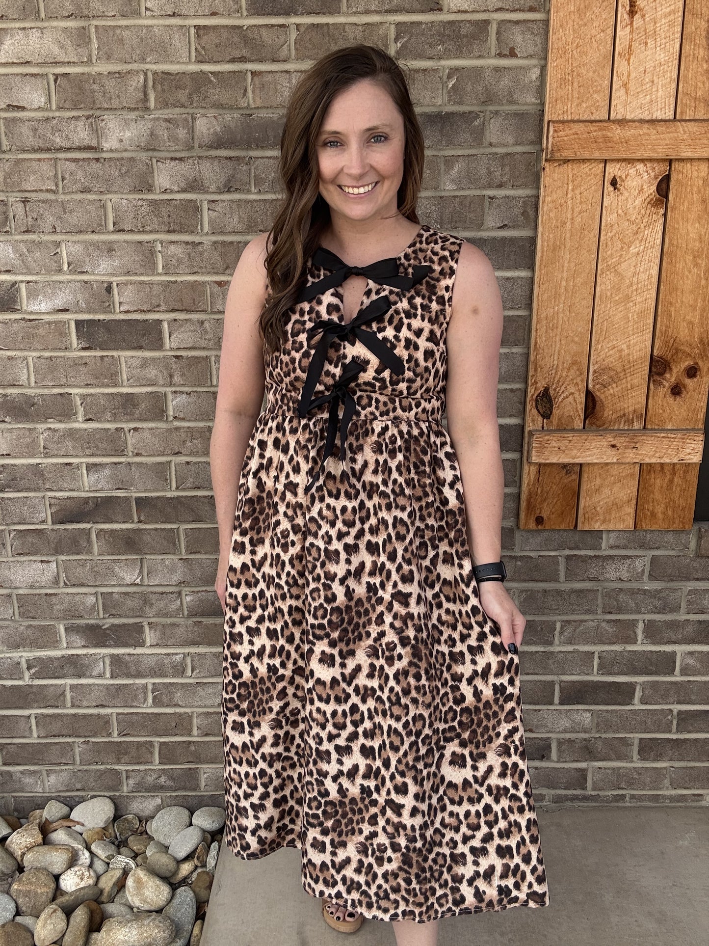 Leopard Print Sleeveless Midi Dress w/ Bow Closure