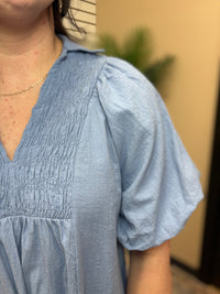 Light Blue Smocked Front Yoke Midi Dress by Umgee