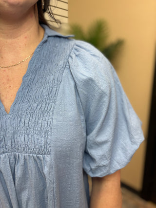 Light Blue Smocked Front Yoke Midi Dress by Umgee