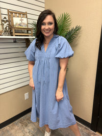 Light Blue Smocked Front Yoke Midi Dress by Umgee