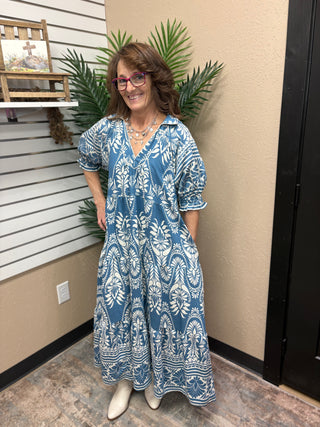 Light Blue Two-Tone Border Print Midi Dress by Umgee