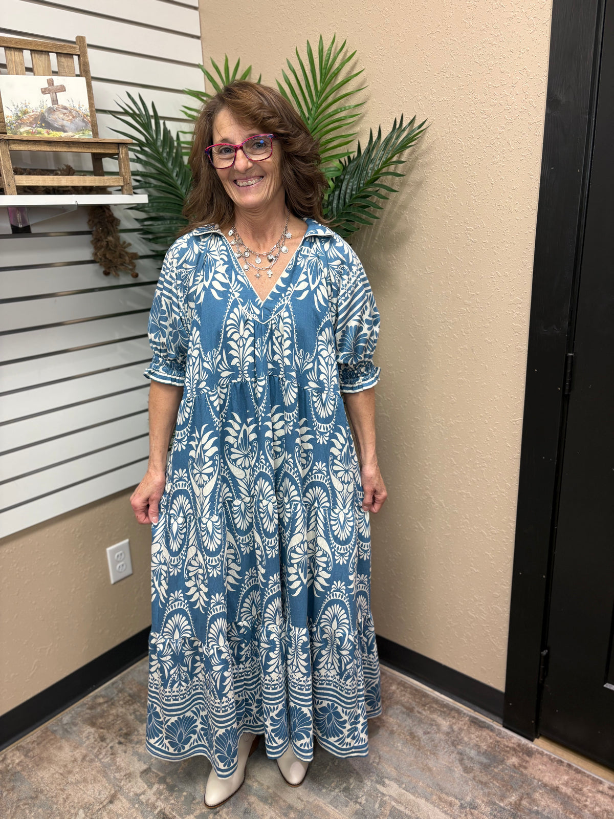 Light Blue Two-Tone Border Print Midi Dress by Umgee