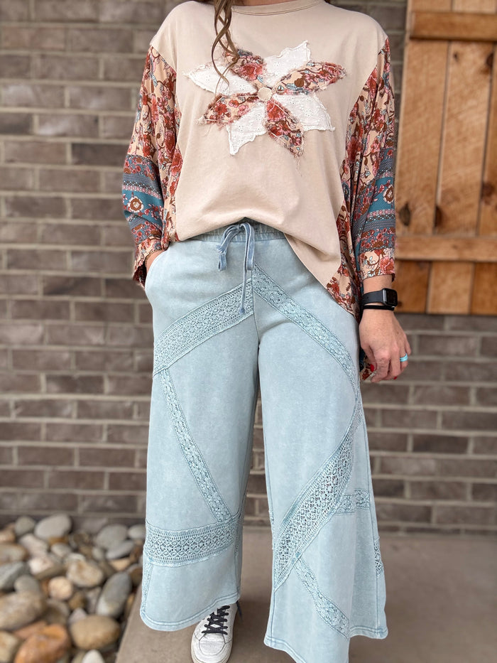 Light Blue Washed Lace Trim Terry Wide Leg Pants by Oli & Hali