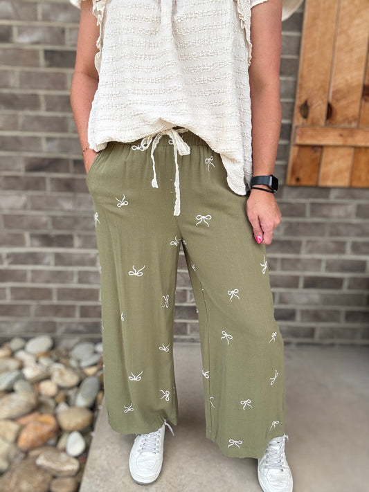 Light Olive Bow Embroidered Linen Pants by Umgee
