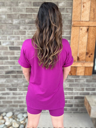 Light Plum V-Neck Brushed Material Set *TOP & BIKER SHORTS*