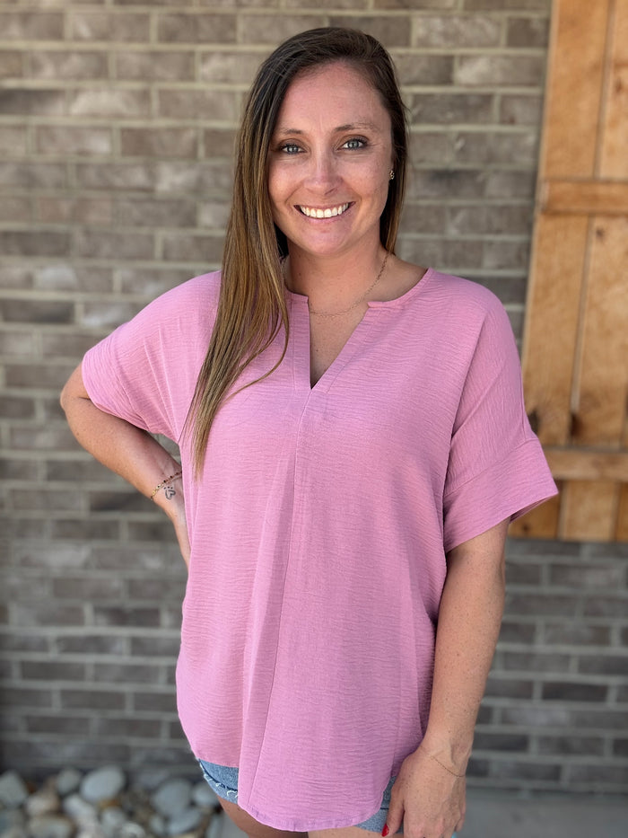 Light Rose Woven Airflow Spilt Short Sleeve Top