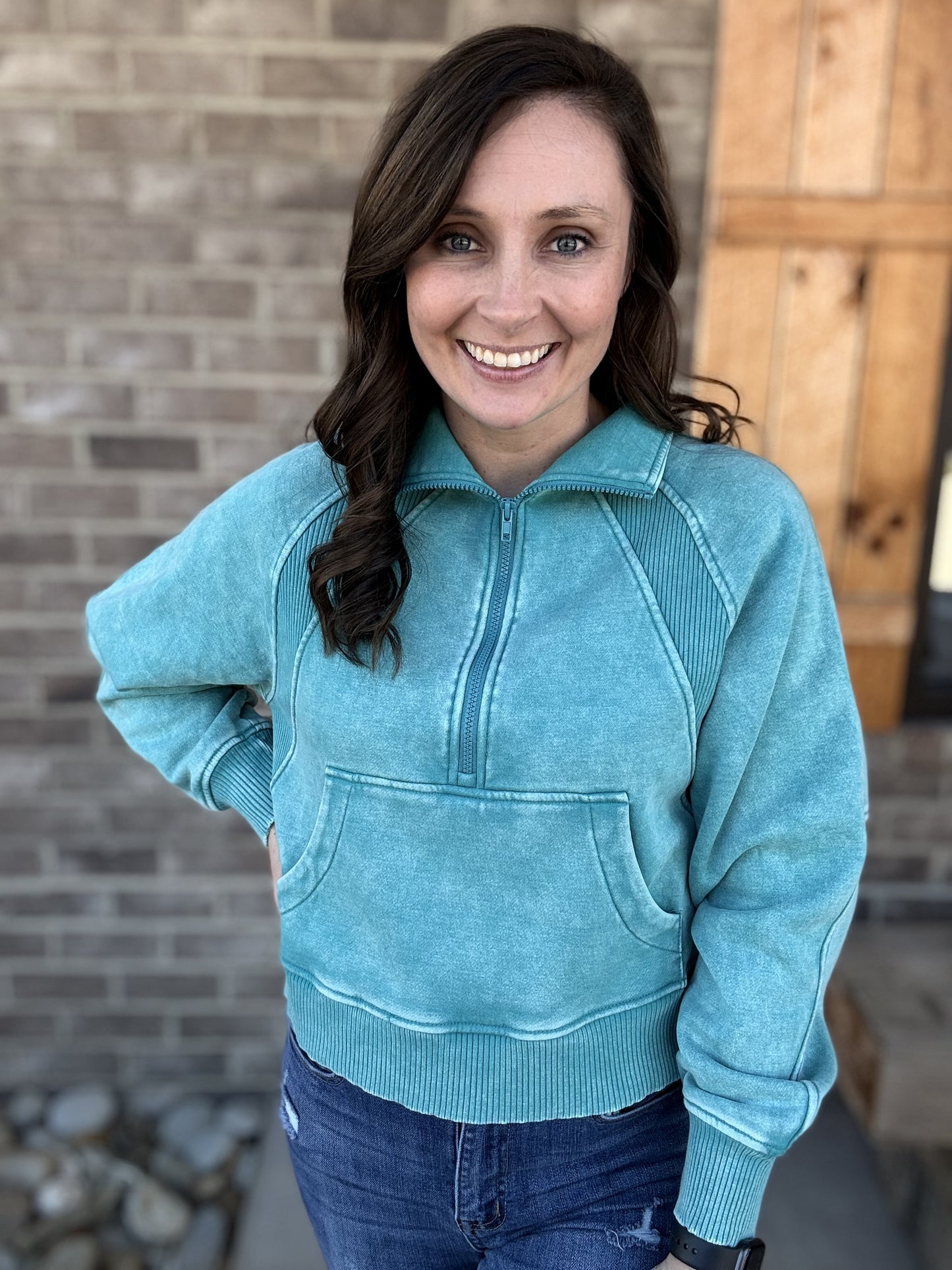 3362- Light Teal 1/2 Zip Acid Wash Fleece Pullover