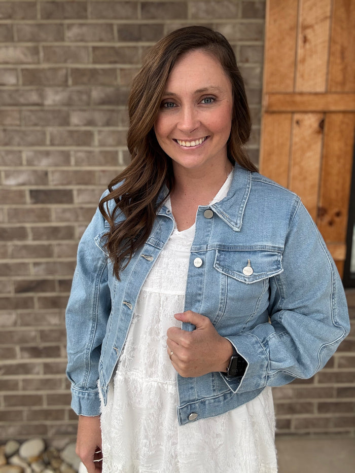 Light Wash Balloon Sleeve Denim Jacket by Risen Jeans