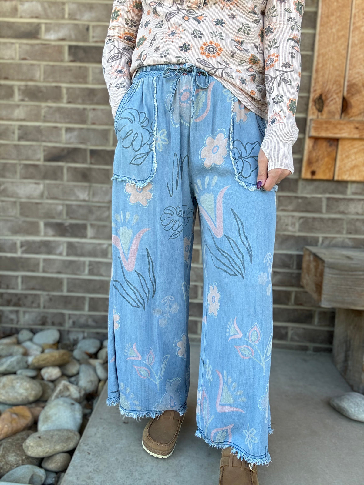 Light Denim Floral Print Washed Chambray Pants by Easel