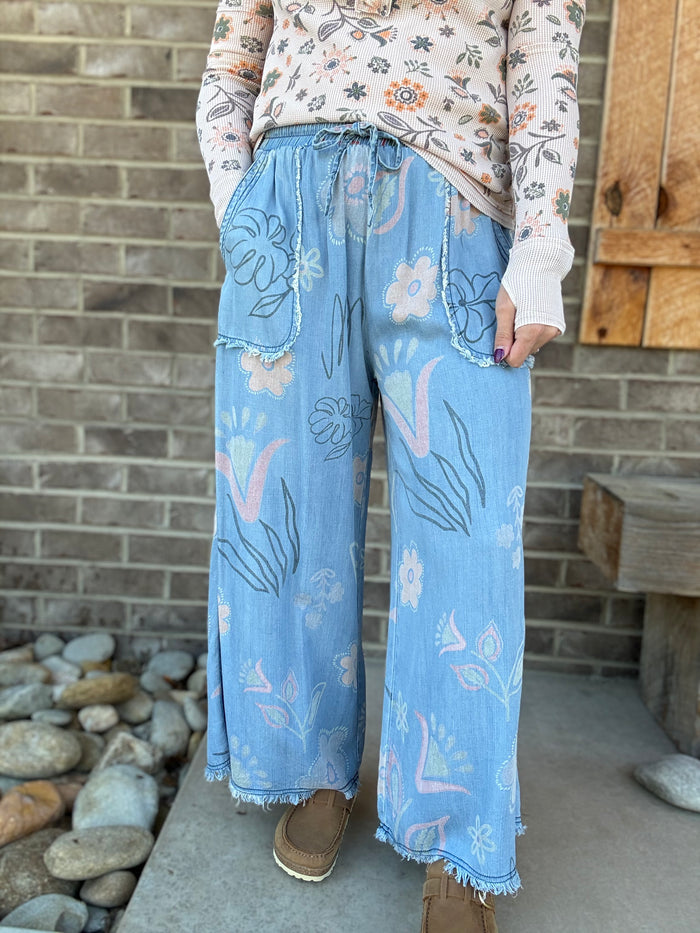 Light Denim Floral Print Washed Chambray Pants by Easel