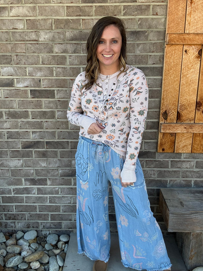 Light Denim Floral Print Washed Chambray Pants by Easel