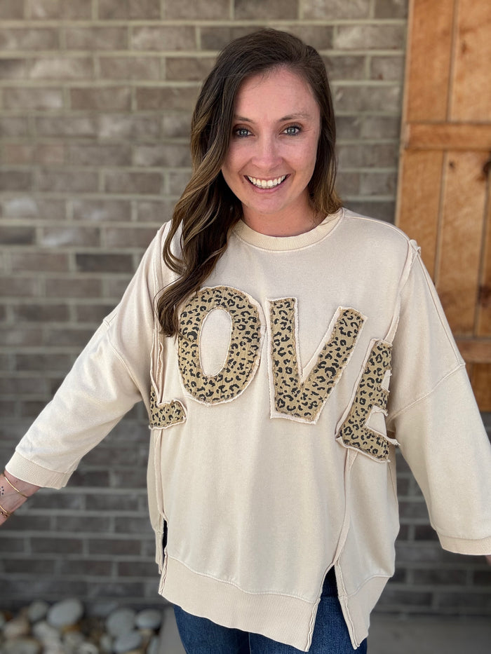 Light Khaki LOVE Leopard Patch Pullover by Easel