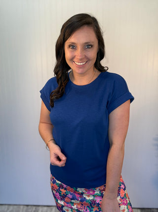 Light Navy Everyday Essential Cotton Modal Slub Rolled Sleeve Tee by Zenana