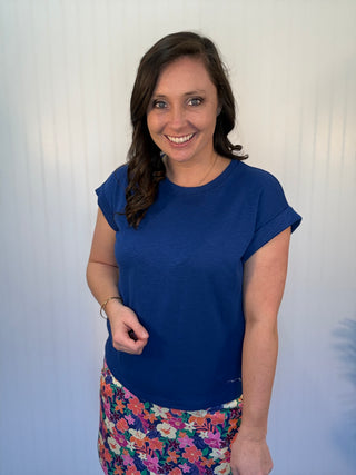 Light Navy Everyday Essential Cotton Modal Slub Rolled Sleeve Tee by Zenana