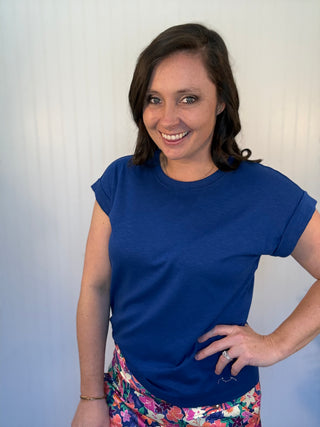 Light Navy Everyday Essential Cotton Modal Slub Rolled Sleeve Tee by Zenana