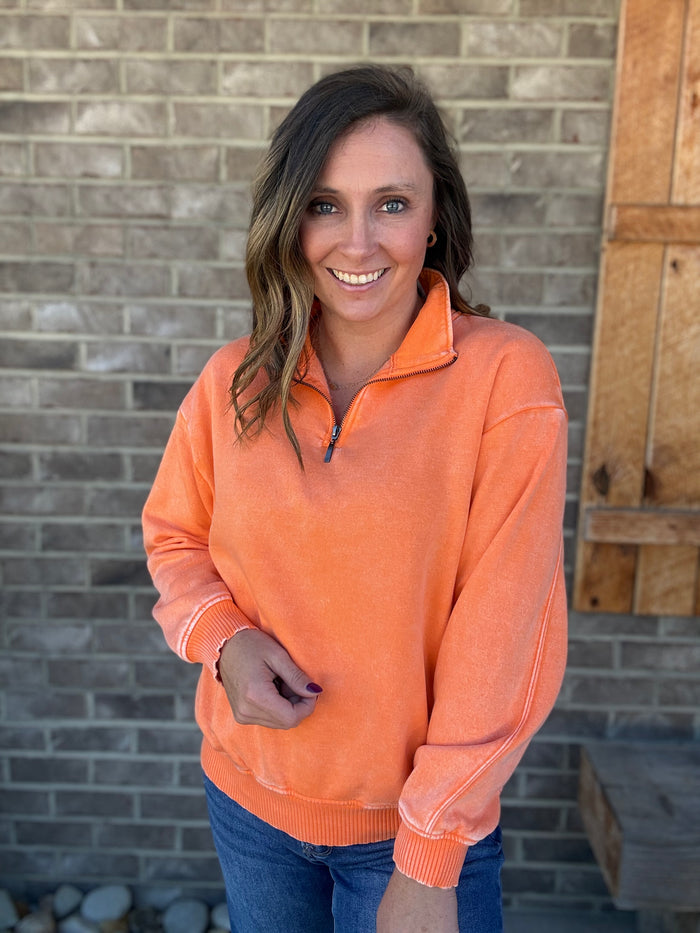 Light Orange Acid Wash Fleece Half Zip Pullover by Zenana *TN COLLECTION*