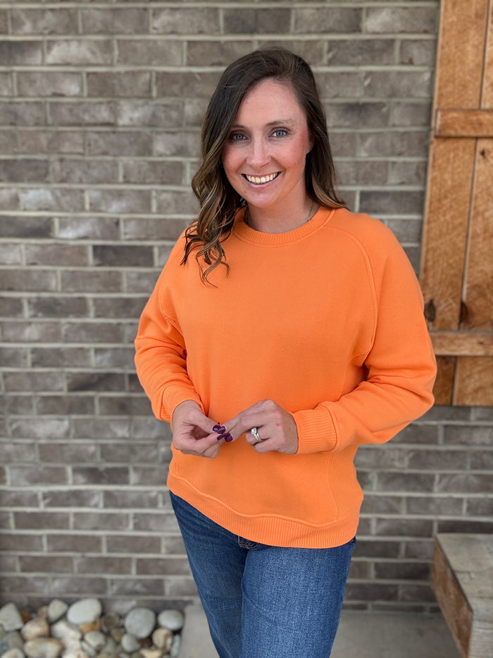 Light Orange Fleece Round Neck Ribbed Side Raglan Sweatshirt by Zenana
