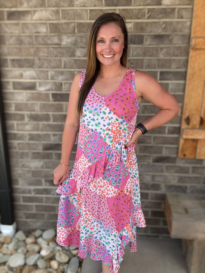 Lilac & Pink Patchwork Floral Midi Dress by Easel