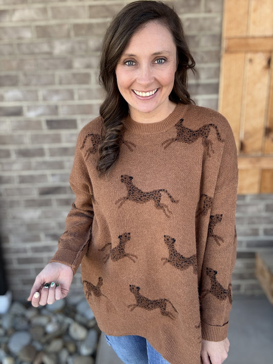 8369- Long Sleeve Brown Cheetah Pattern Knited Sweater with Side Slits by Easel