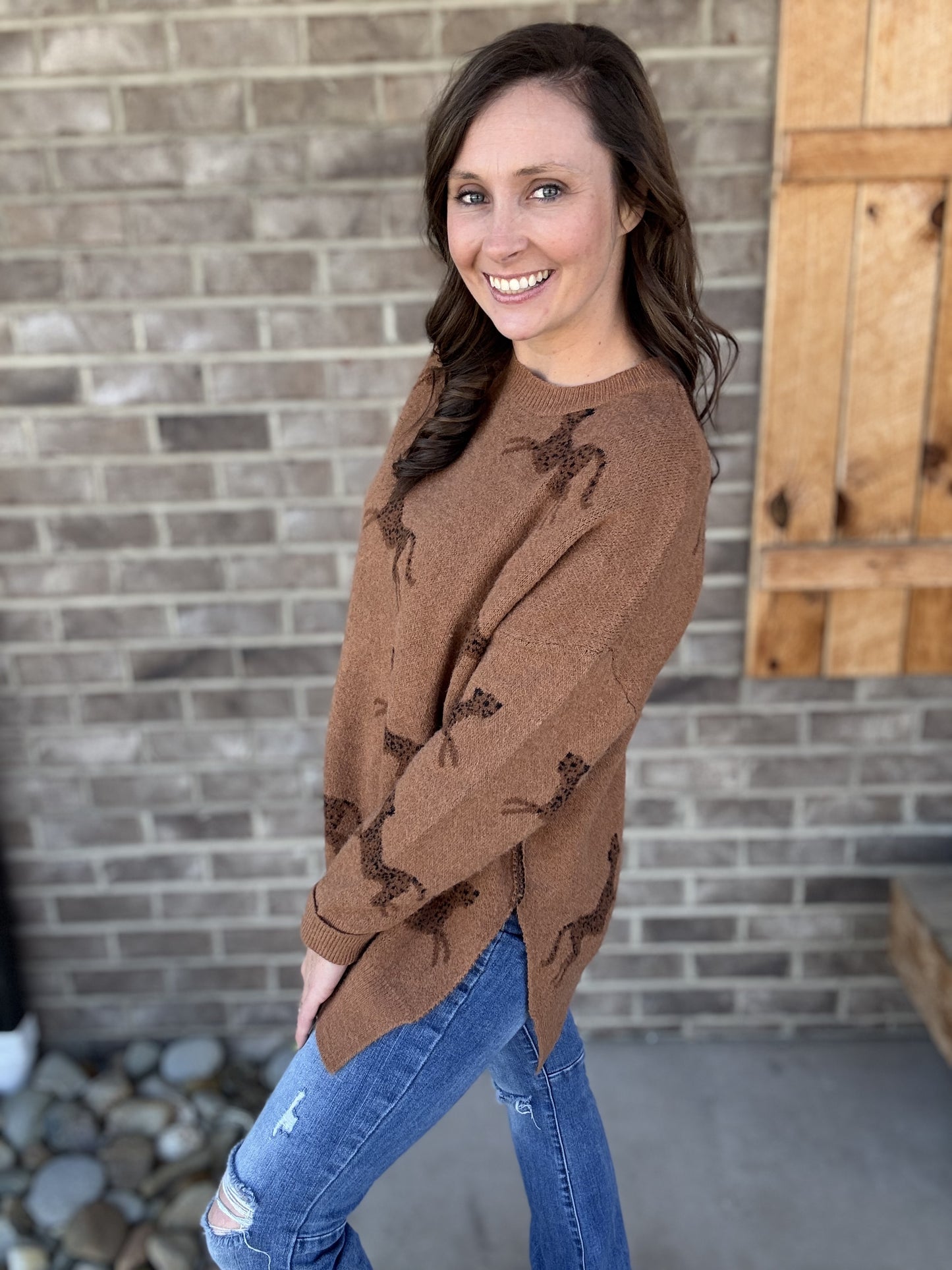 8369- Long Sleeve Brown Cheetah Pattern Knited Sweater with Side Slits by Easel