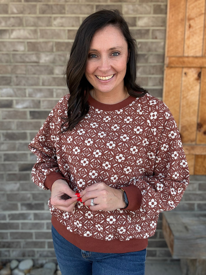 Long Sleeve Flower Jacquard Knit Top by Easel