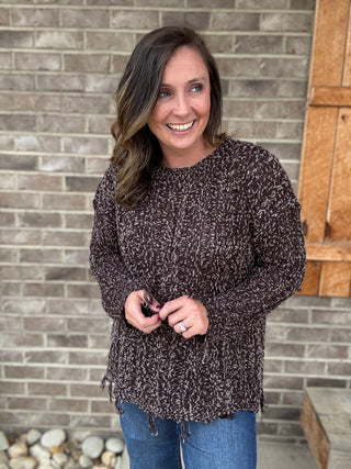 Long Sleeve Cable Knit Pullover Sweater with Frayed Hem by Umgee